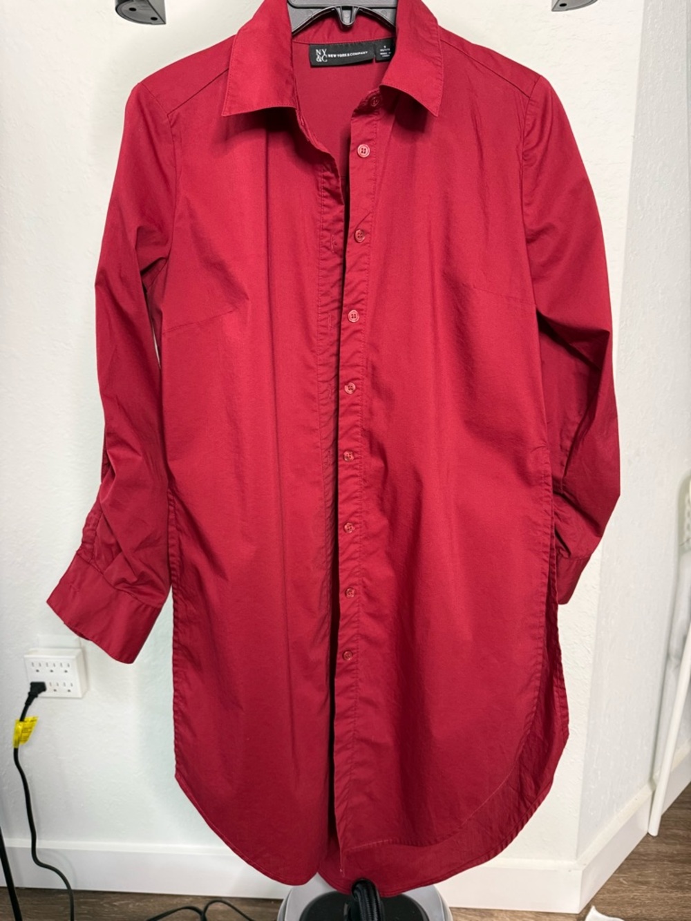 NY Collection Women Cotton Petite Burgundy Longline Button Up Tunic Shirt - Picture 5 of 12